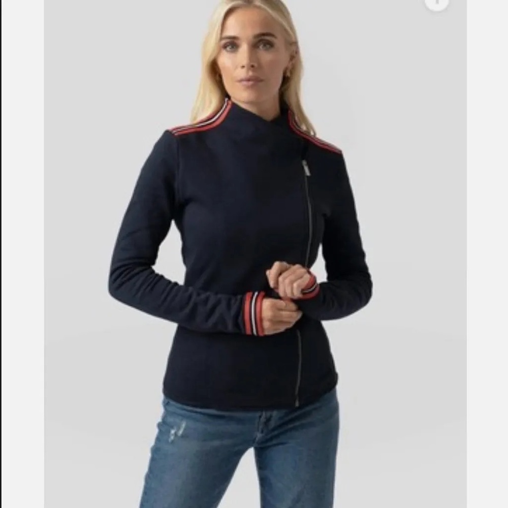 Saint + Sofia Organic Cotton Biker Jacket in Navy Red/Orange Stripe - Picture 2 of 10